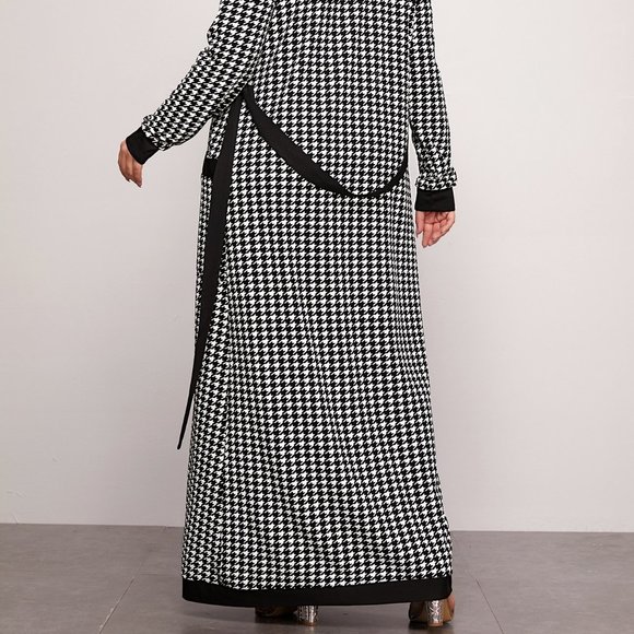 Black Casual Womens Patch Pocket Belted Houndstooth Coat & Leggings Set - Picture 2 of 5